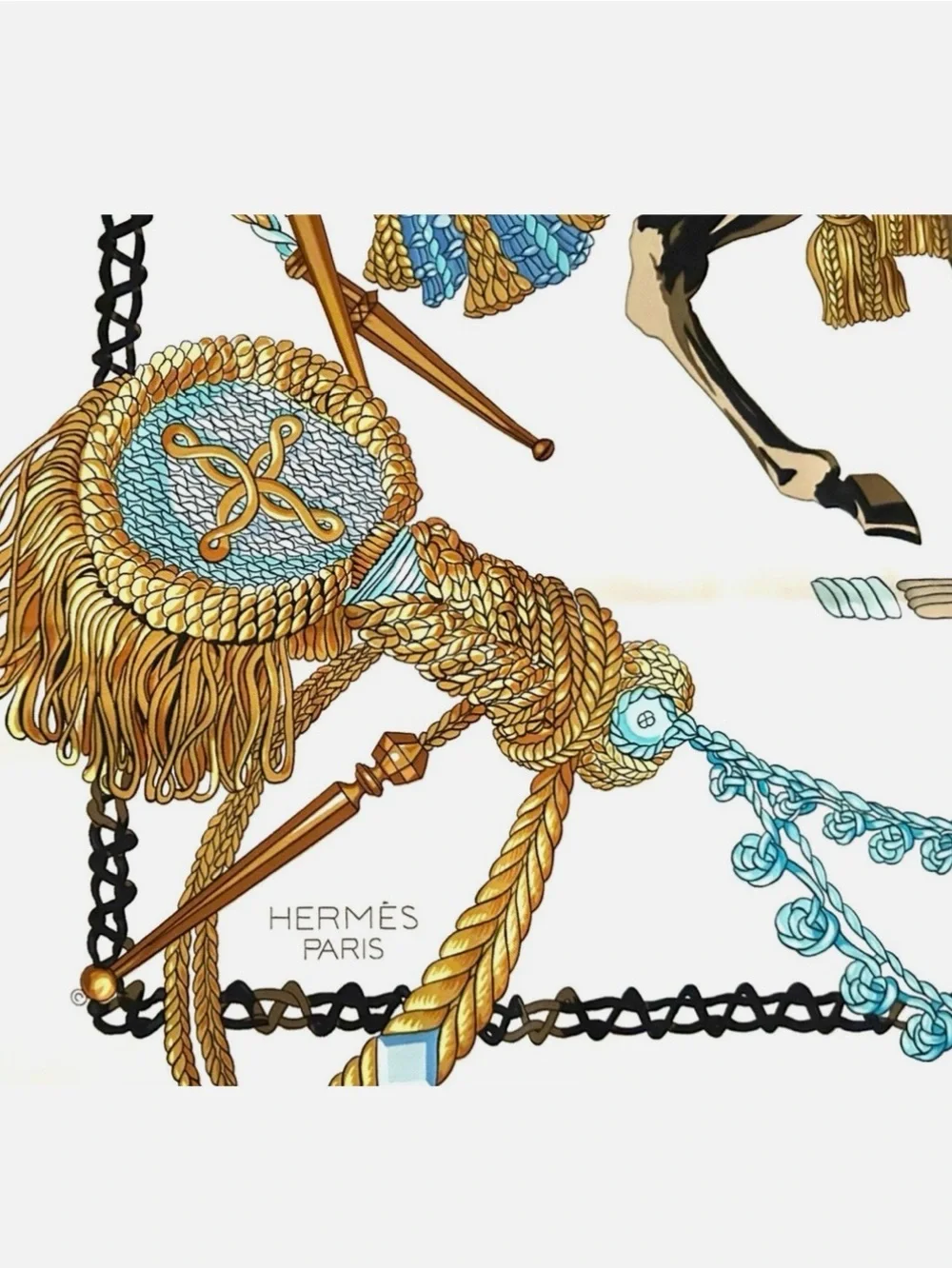 Hermes Blue, Gold and Brown Equestrian Motif Silk Scarf